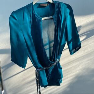 Reiss 100% Silk Sheer Teal Sequin Belted Blouse Size Medium
